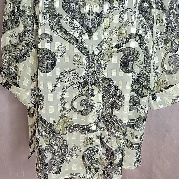 GRAFF Floral Paisley Green and Gold Semi‎ Sheer Blouse XL - Picture 3 of 7